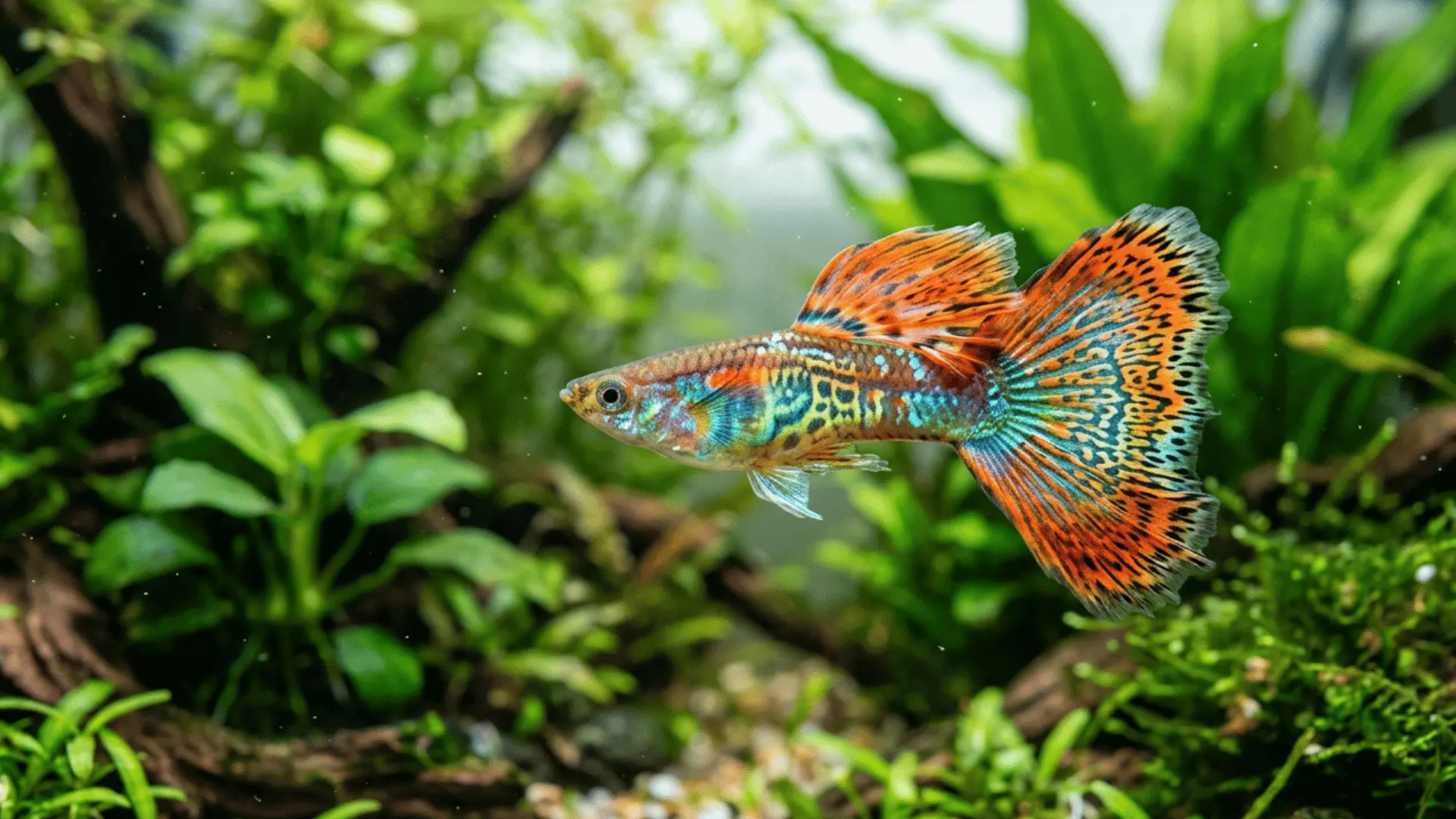Colorful male guppy fish with fins spread in a planted freshwater aquarium