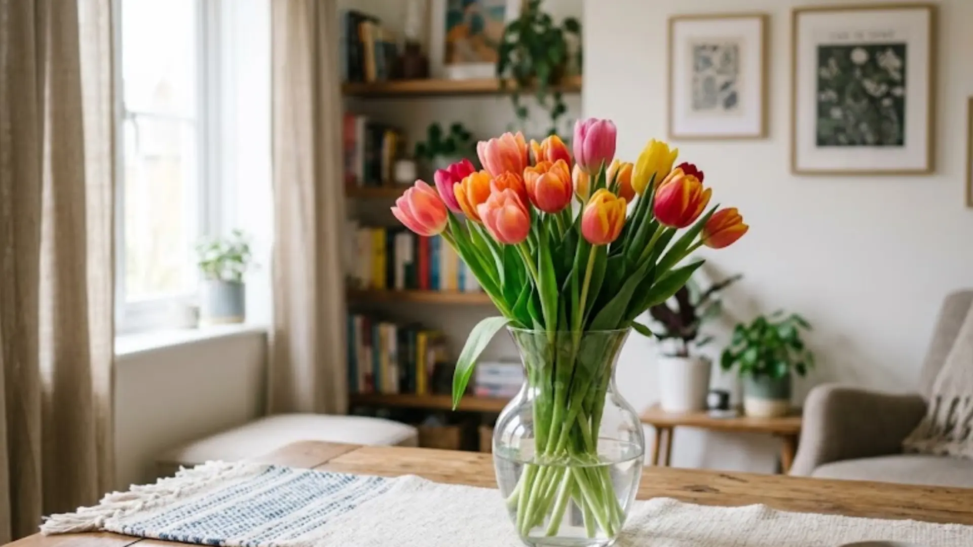 Colorful tulips in a glass vase on a wooden table in a cozy living room