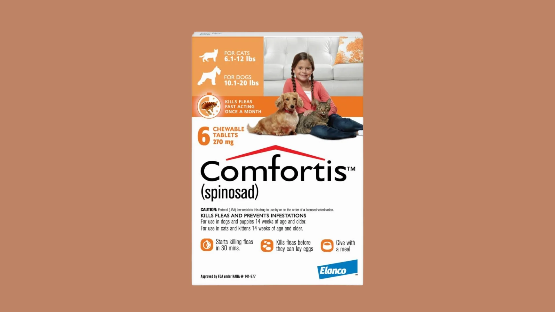 Comfortis flea treatment box for cats and dogs with chewable tablet details on a brown background