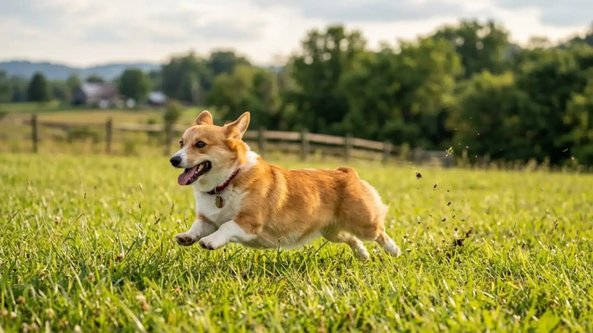 Corgi running through a sunny grass field with trees in the background