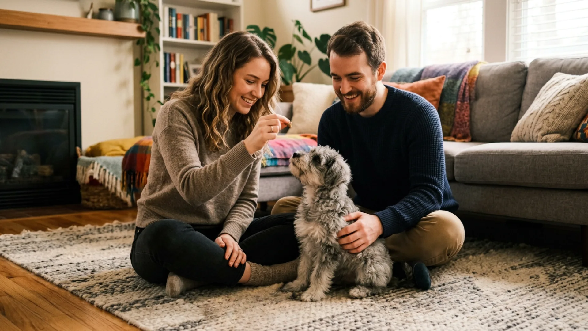 Couple training a schnauzer poodle mix puppy at home during its first weeks using positive reinforcement