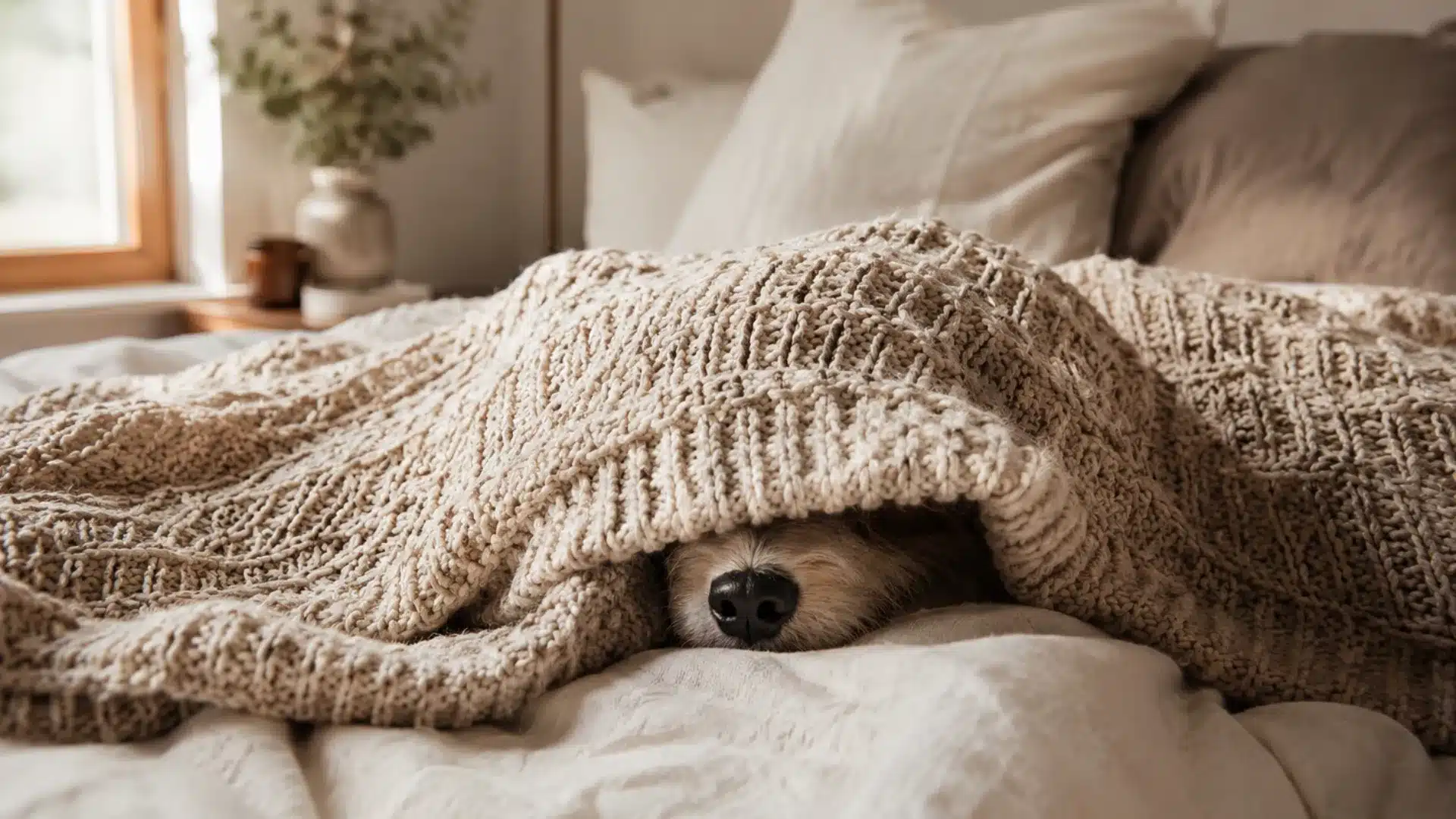 Cozy dog peeking from beneath a chunky knit blanket on a bed, bathed in soft morning light by a window