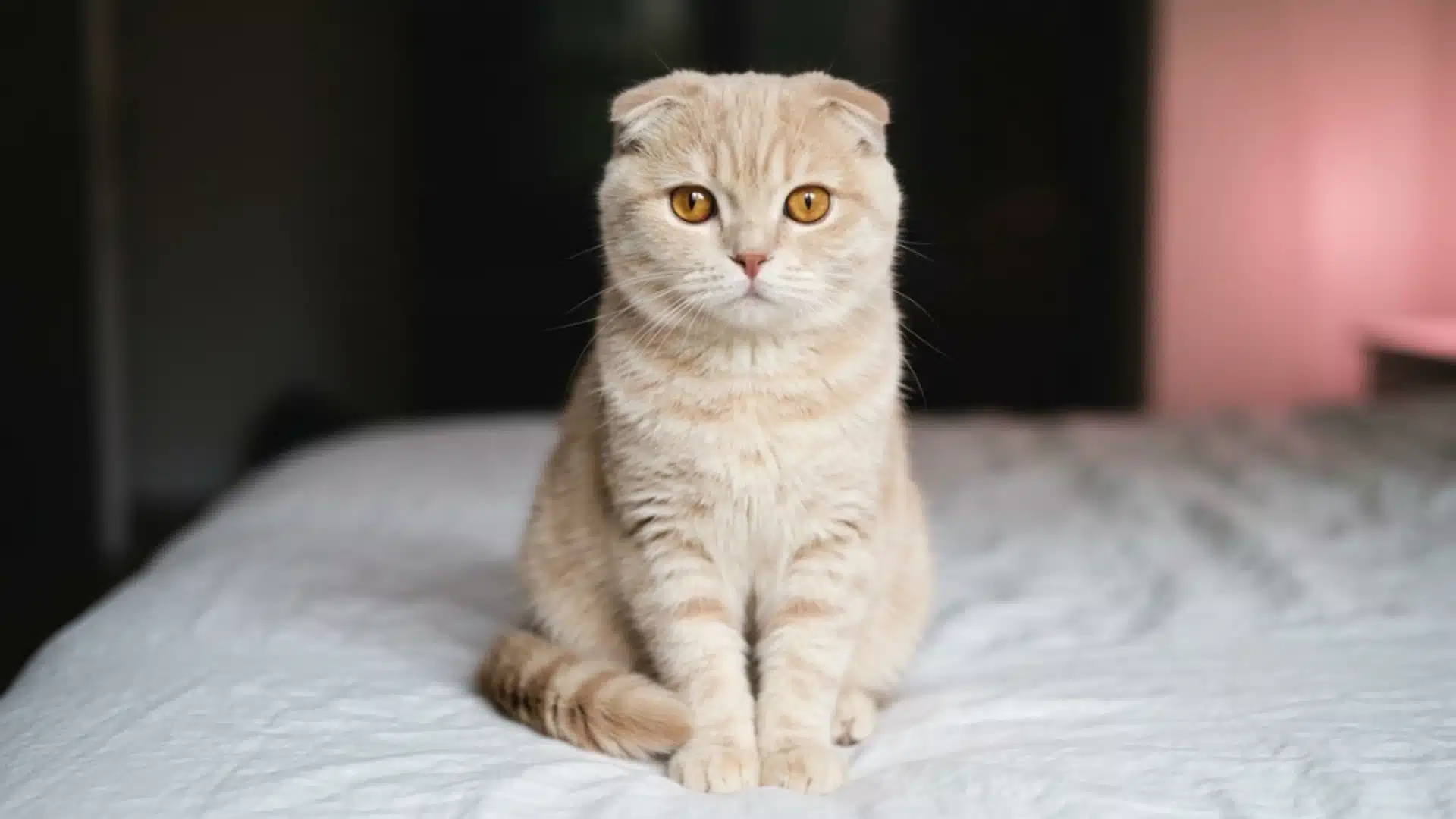 Cream Scottish Fold on bed