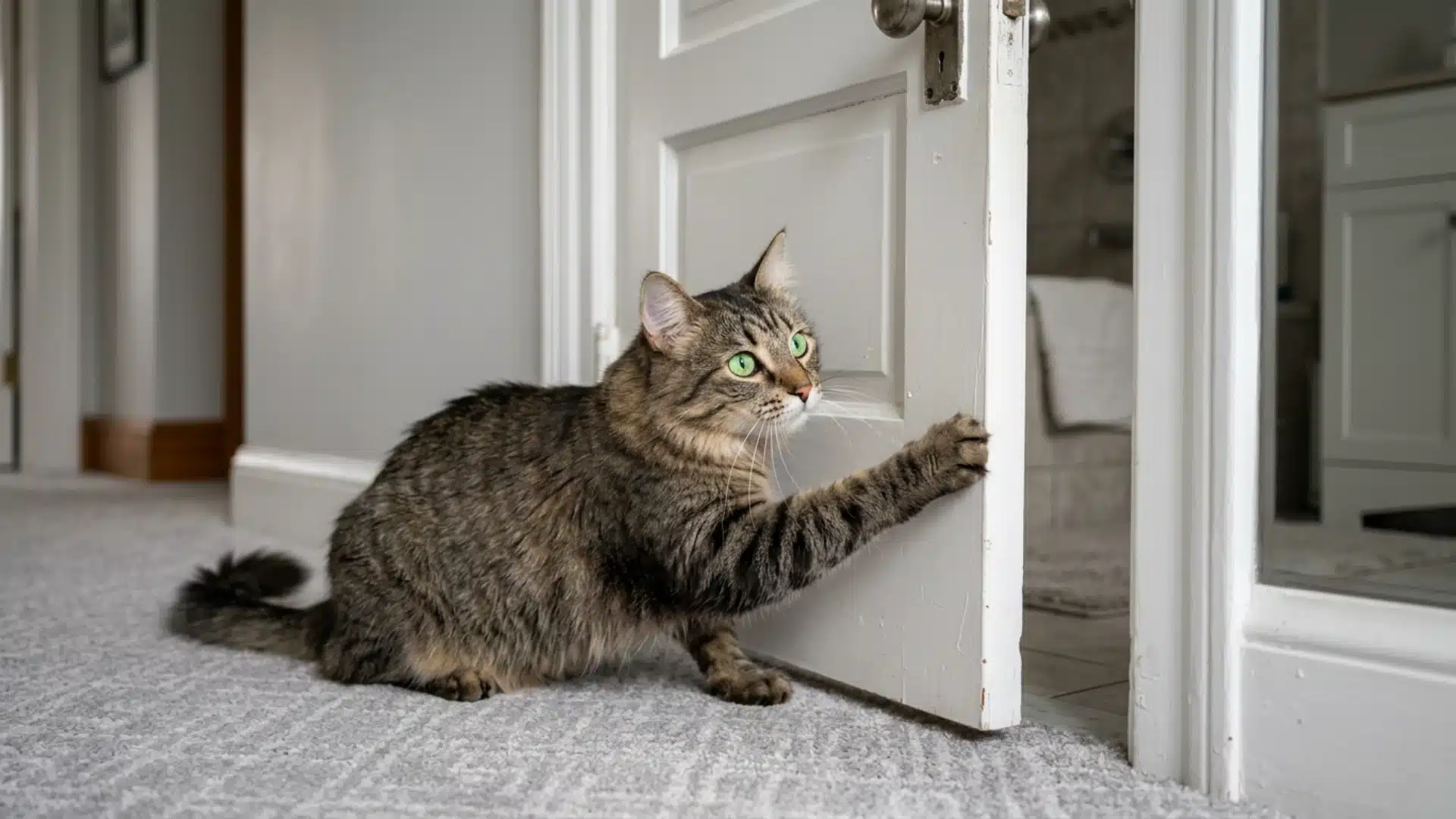 Curious cat pawing open a bathroom door with ears forward, showing investigative behavior