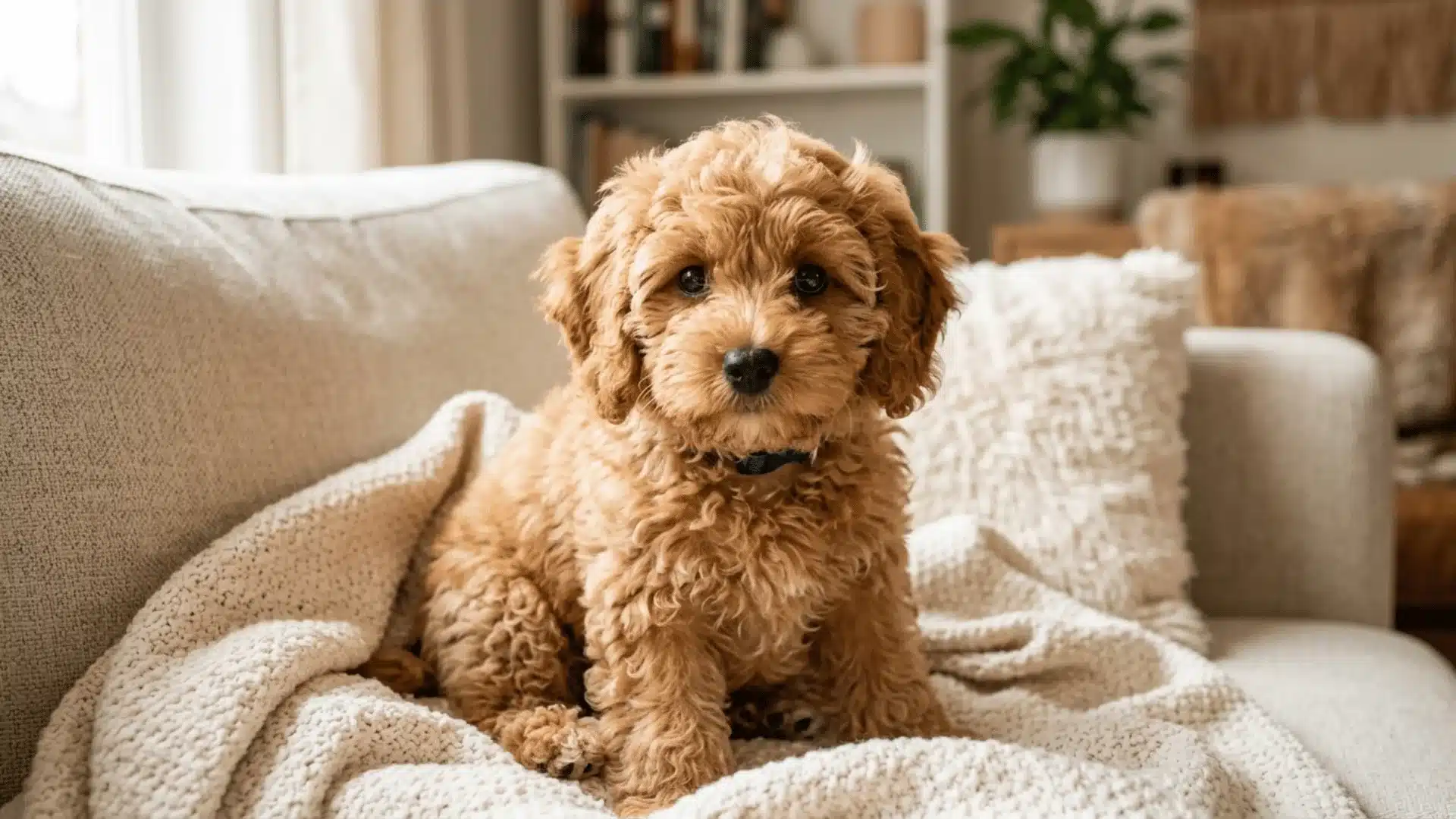Curly-coated apricot Cavapoo puppy sitting on a couch, ideal coat type for allergy sufferers