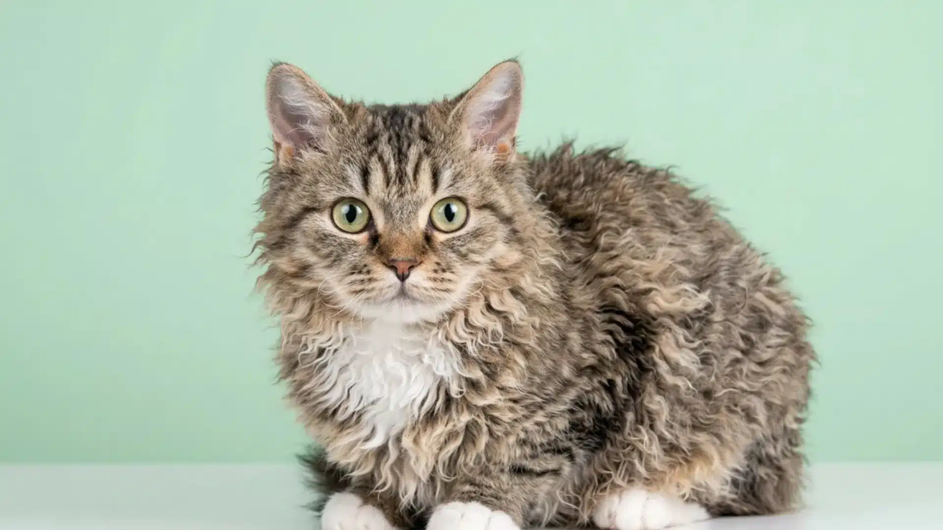 Curly coated Selkirk Rex tabby cat sitting against a soft green background with bright eyes