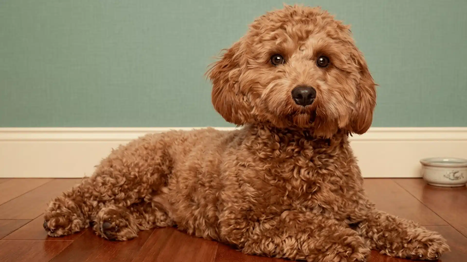 Curly brown Cavapoo lying on a wooden floor against a soft green wall