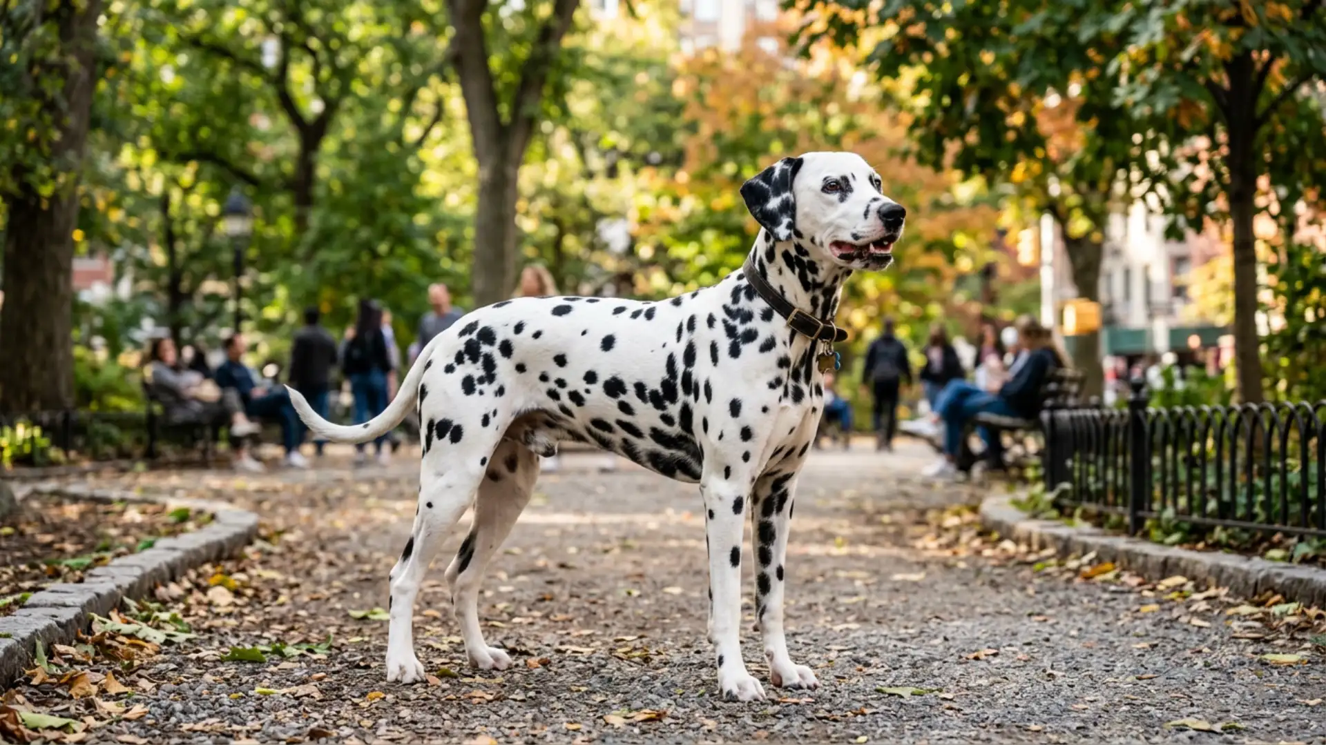 Dalmatian standing in a city park.