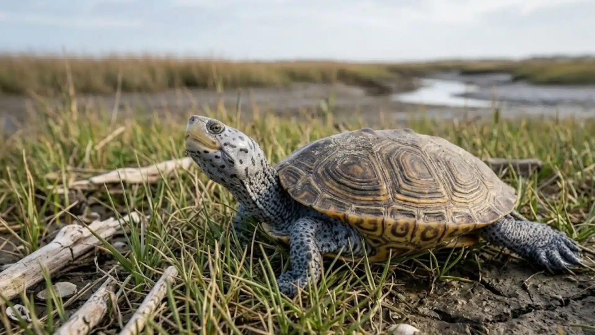 Diamondback terrapin resting in grassy marshland with patterned shell, spotted neck, and wetland background