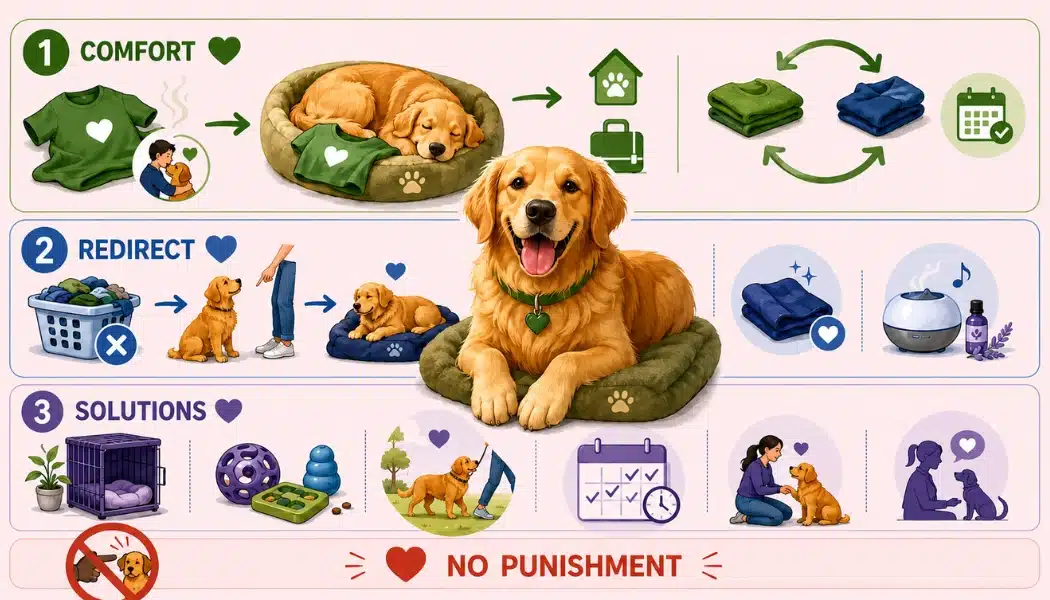 Dog comfort training guide with redirection, enrichment, routines, and no punishment approach on a pink background