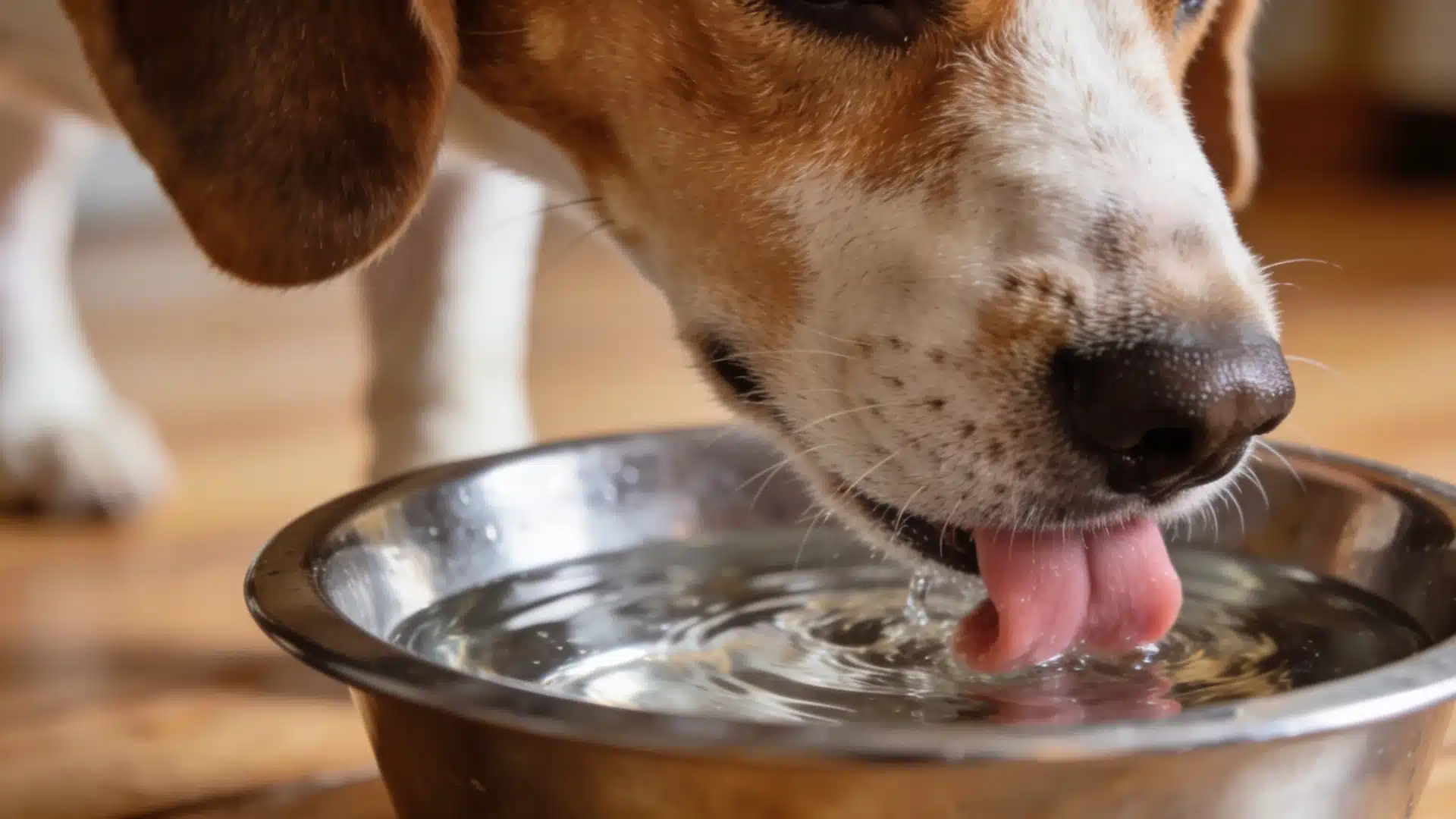 Dog drinking water from a metal bowl with water droplets visible