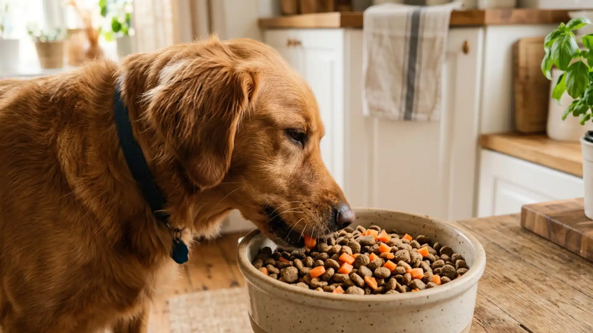 Dog eating kibble with tiny orange pieces mixed in a kitchen bowl