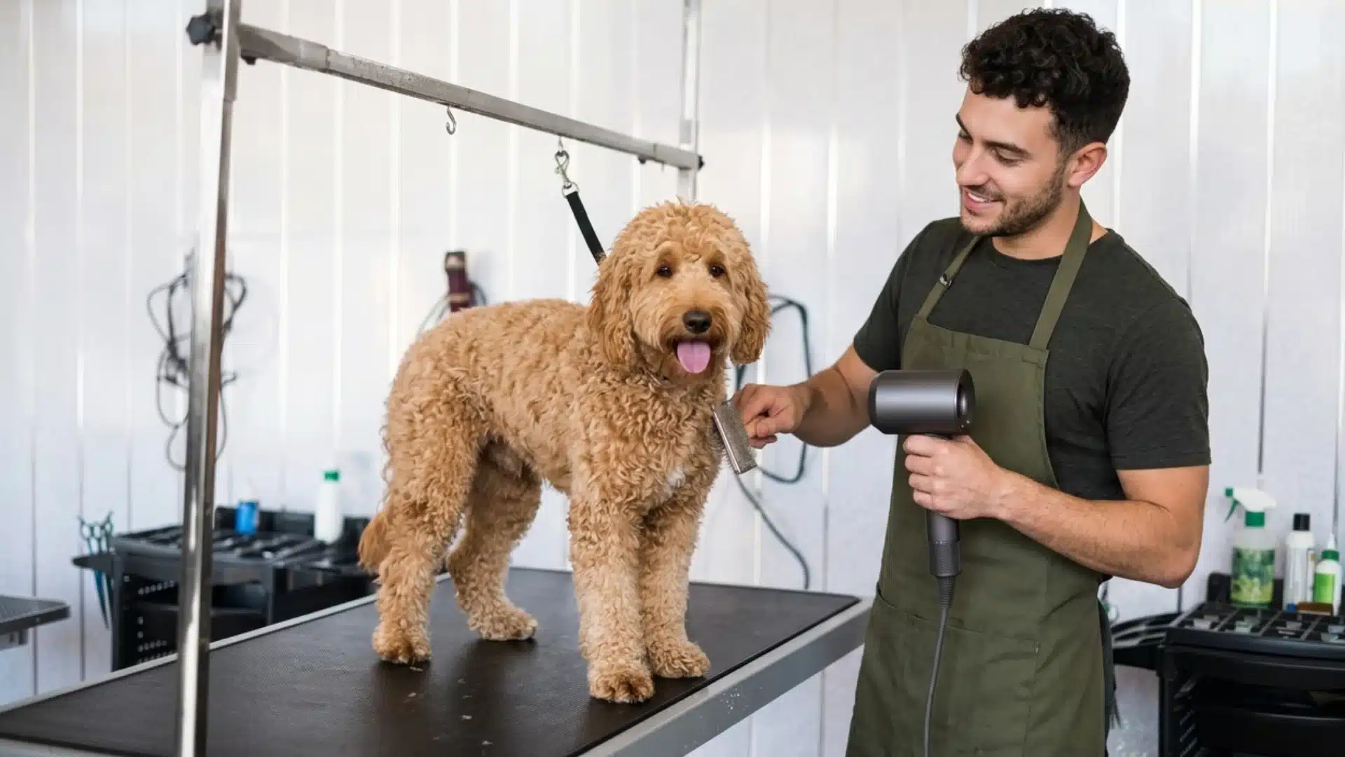 Dog groomer drying and brushing a curly-coated dog on a grooming table