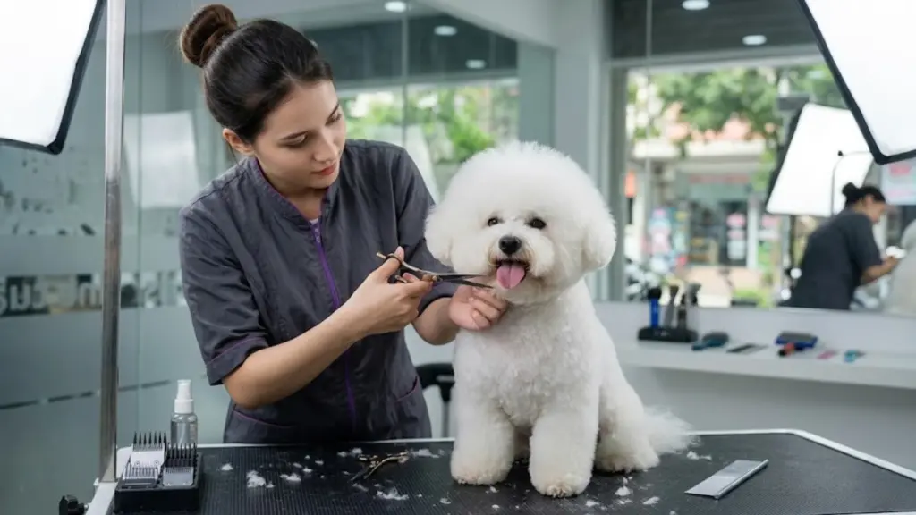 Dog groomer trimming a fluffy white Bichon Frise on a salon table with grooming tools nearby