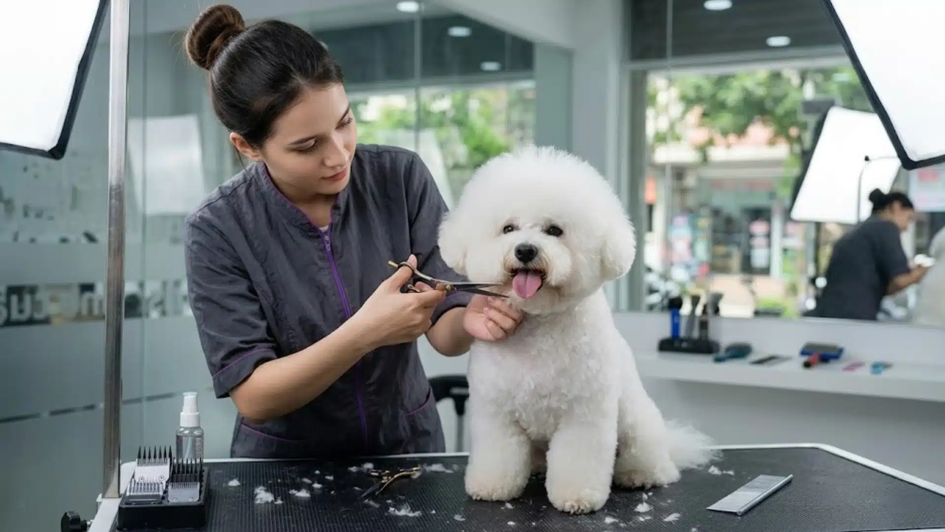 Dog groomer trimming a fluffy white Bichon Frise on a salon table with grooming tools nearby