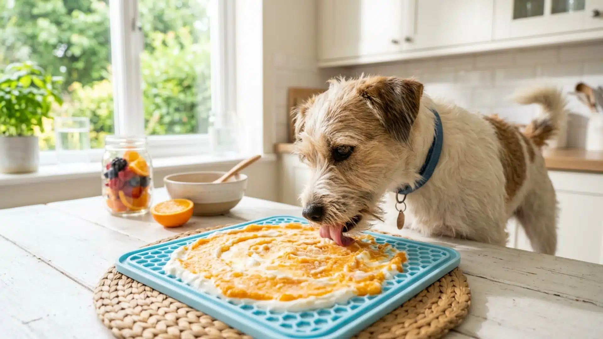Dog licking an orange yogurt mix from a blue lick mat in a kitchen