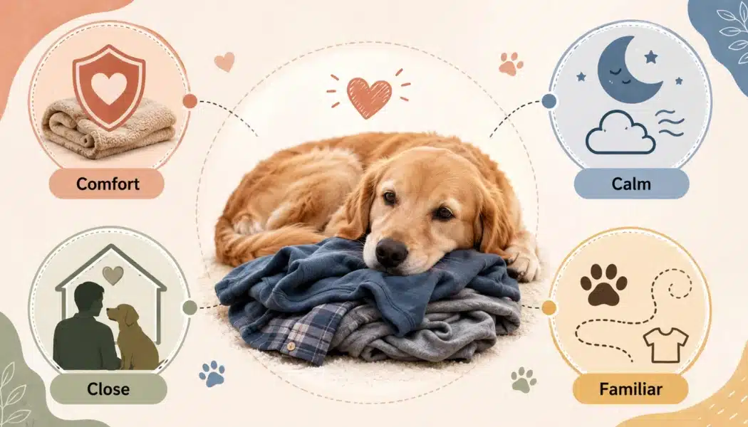 Dog lying on a pile of clothing with symbols representing calm, comfort, and owner scent