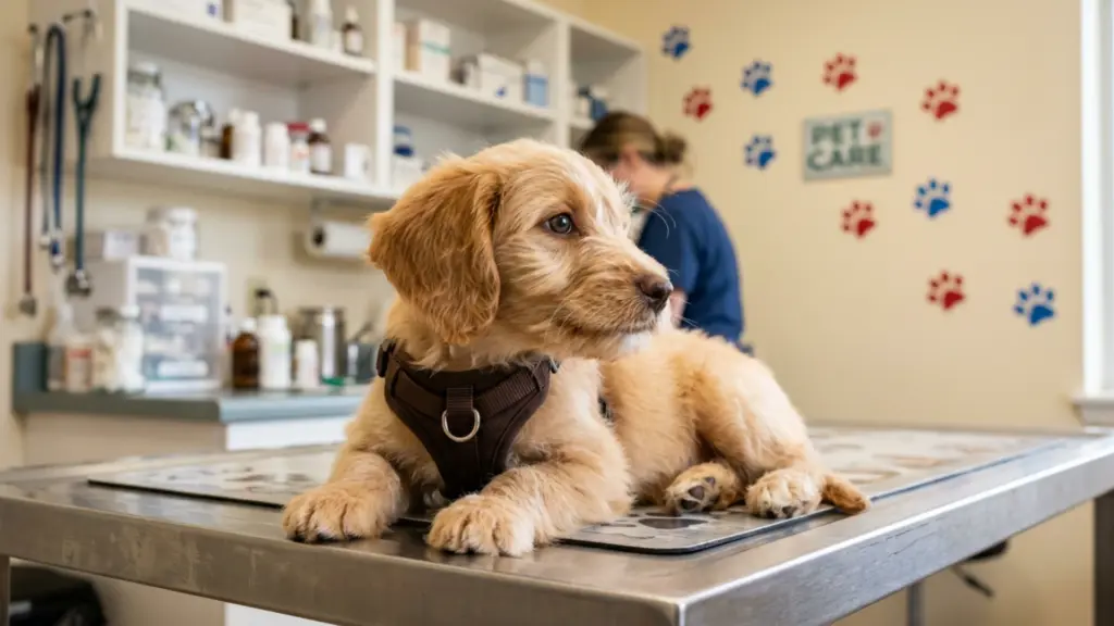 Dog lying on a vet exam table during a urinary tract infection checkup