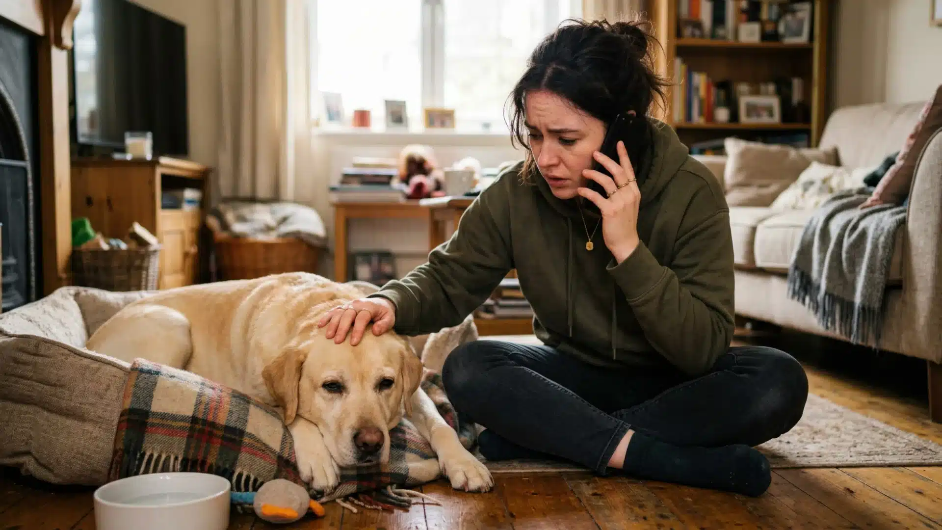 Dog owner calling vet after noticing signs of intestinal blockage in their dog at home