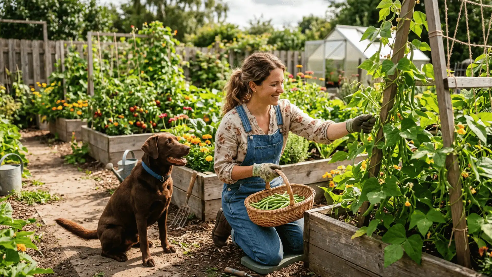 Dog owner harvesting fresh green beans from home garden to feed to her dog