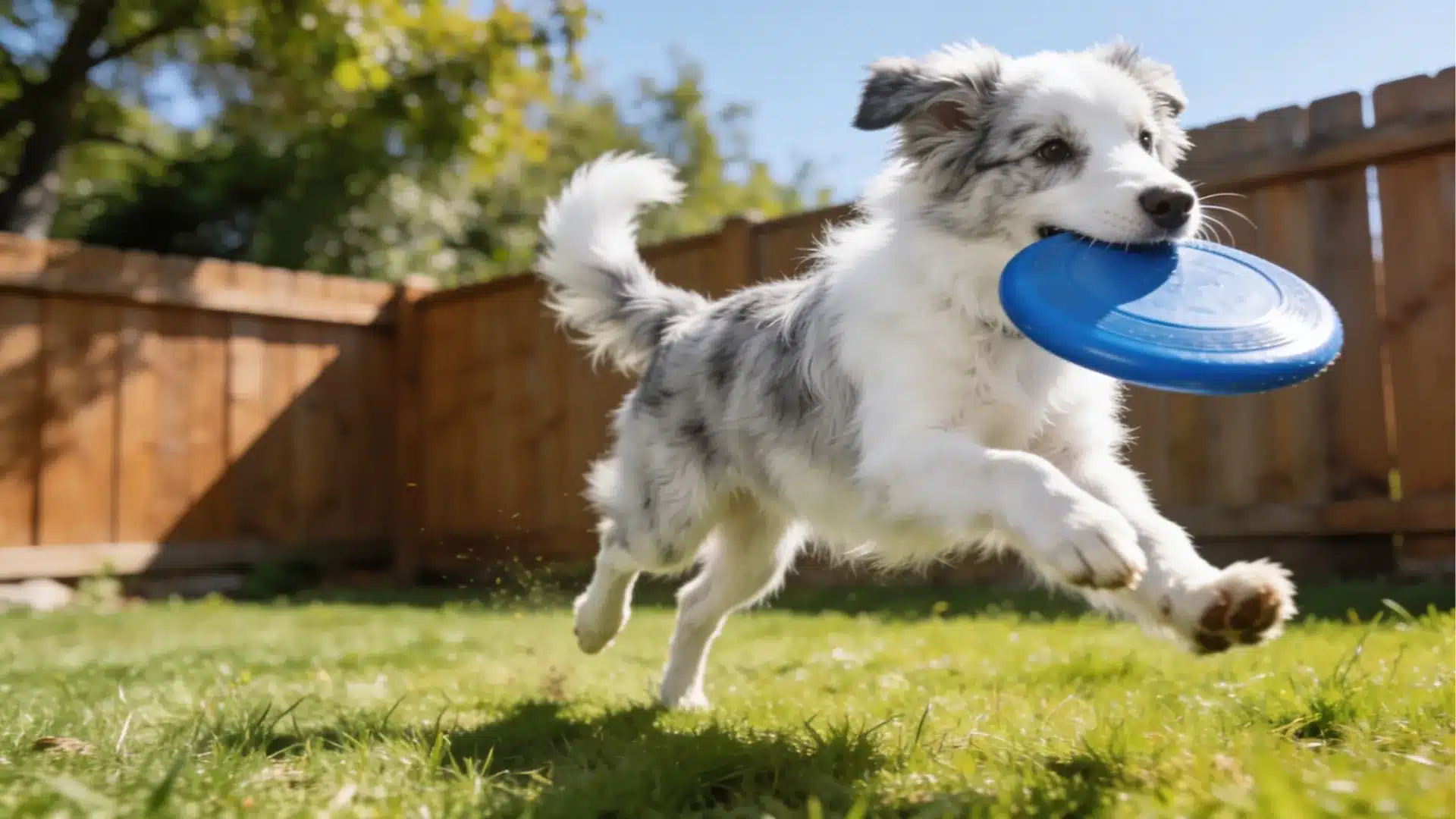 Dog running across a sunny backyard lawn carrying a blue frisbee during outdoor playtime