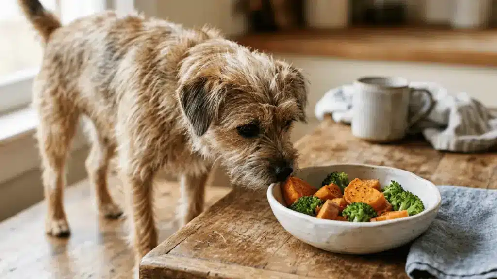 Dog sniffing a bowl of sweet potatoes and broccoli on a wooden table
