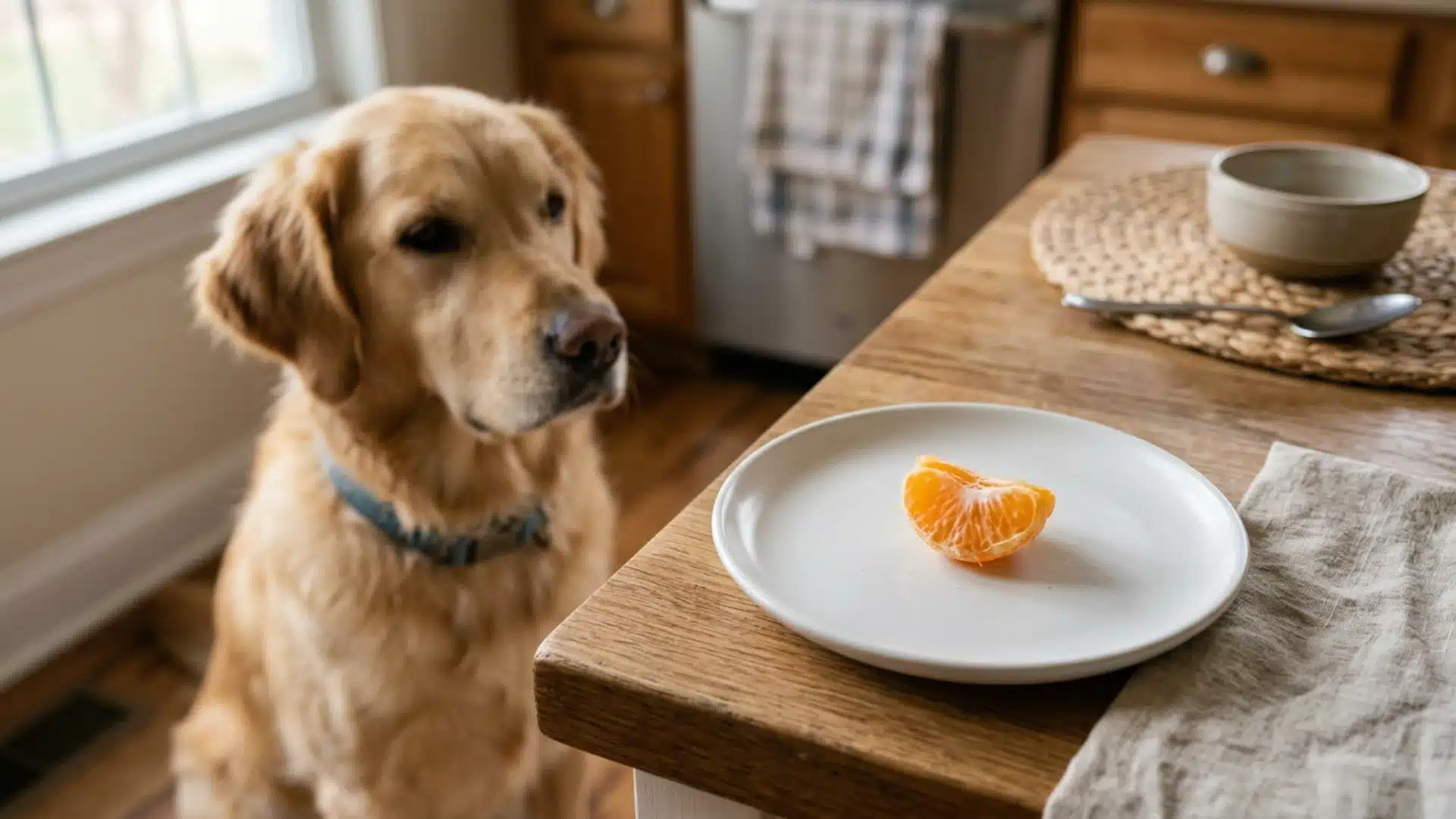 Dog watching a peeled clementine segment on a plate in a kitchen