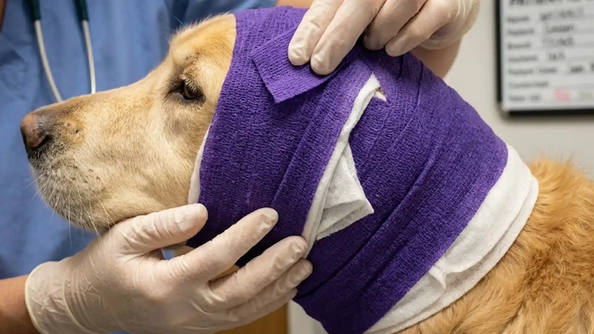 Dog with bandaged ear receiving veterinary care after treatment for swelling, injury, or ear infection