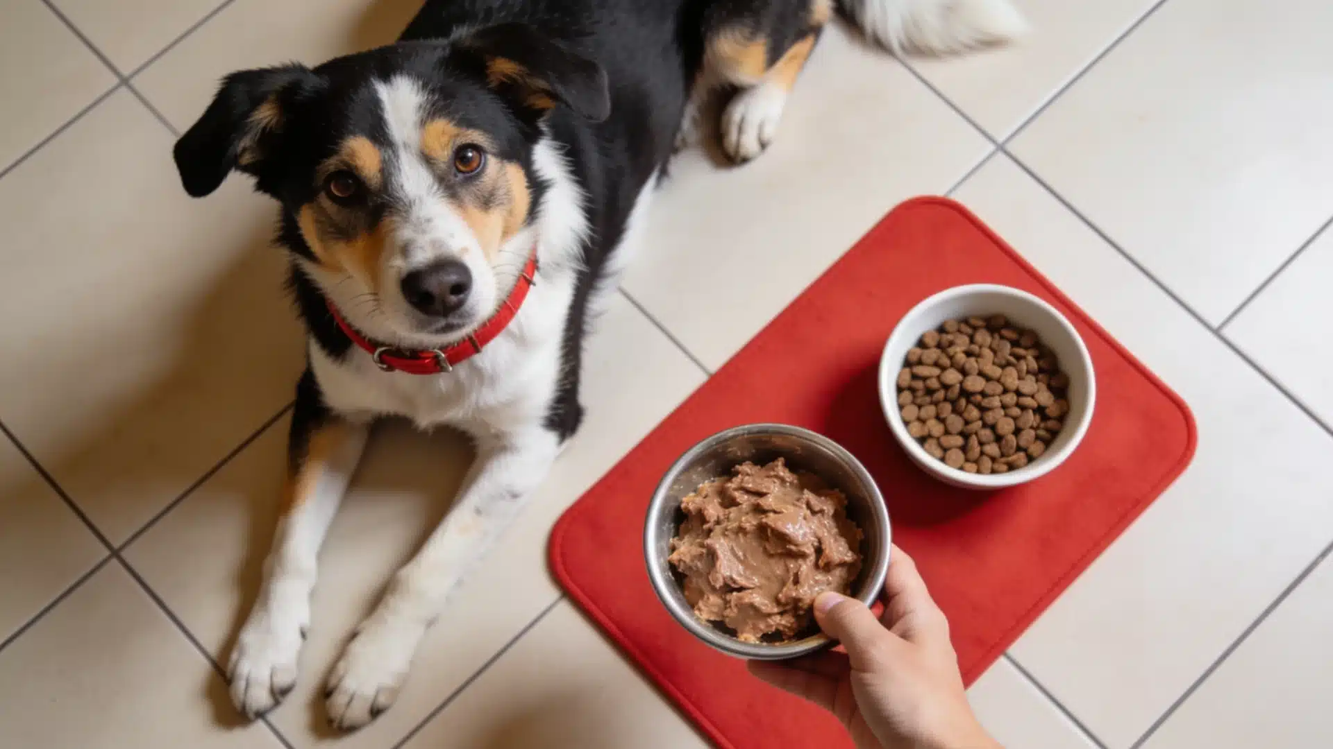 Dog beside wet and dry food bowls during mealtime on a kitchen floor