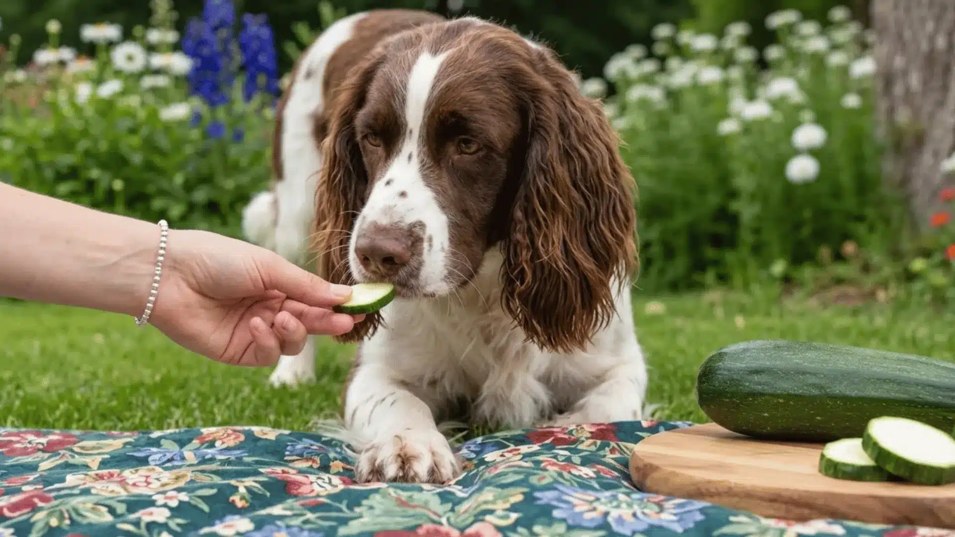 Dog sniffing a zucchini slice offered by hand beside fresh zucchini on a garden table