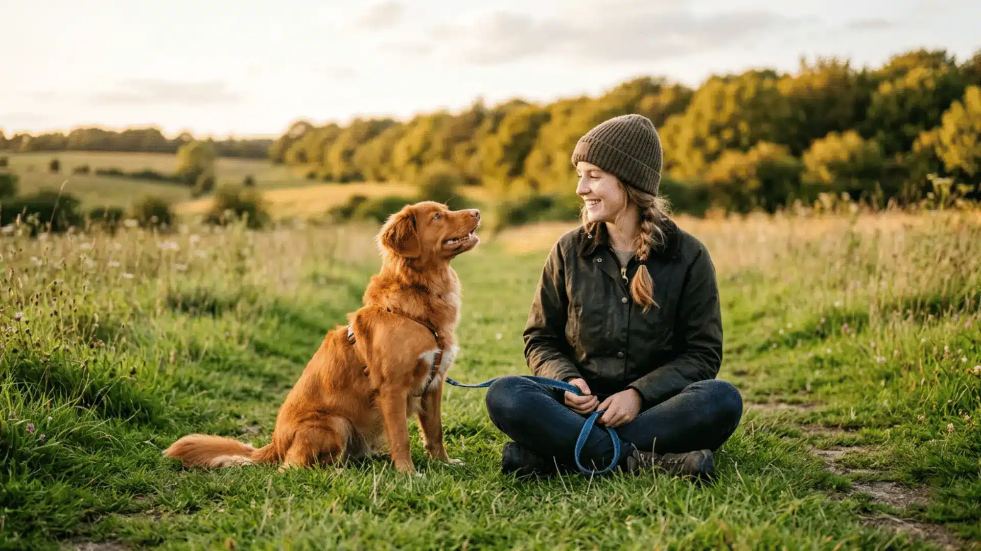 Duck tolling retriever in training session outdoors, sitting attentively beside its owner