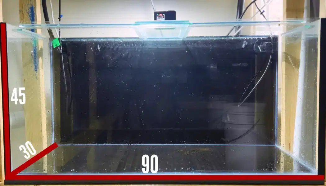 Empty rectangular aquarium showing 90 by 30 by 45 cm tank dimensions