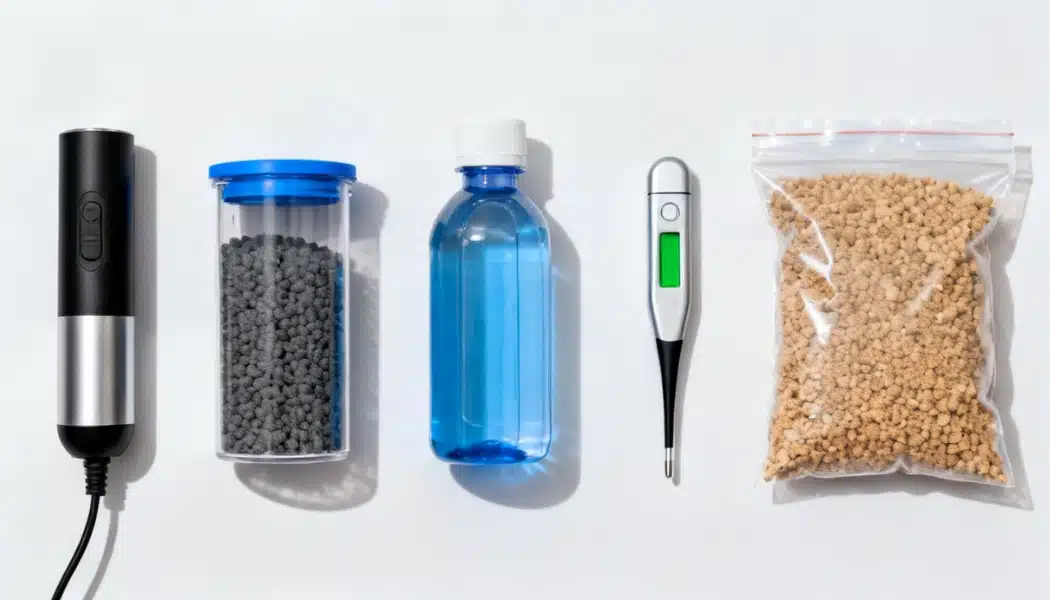 Essential betta tank supplies laid out on a white surface