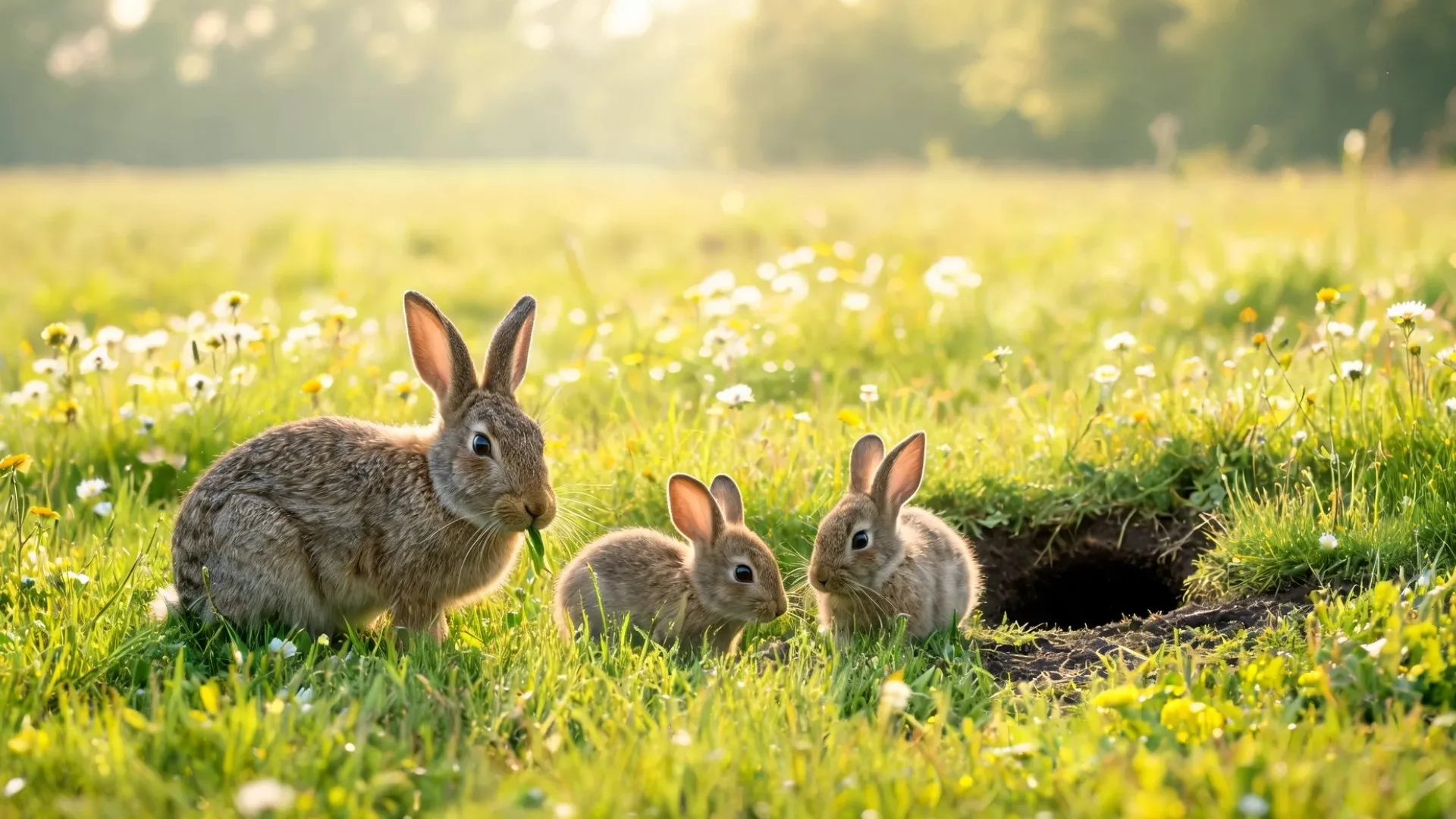 European rabbit with two young bunnies grazing near a burrow in a sunny meadow with wildflowers and soft grass