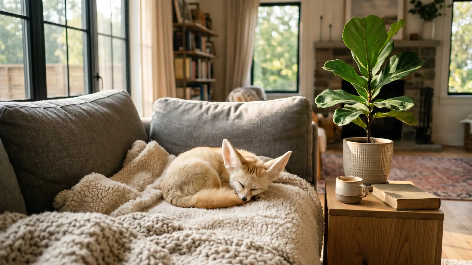 Fennec fox curled up on a cozy sofa beside a houseplant in a sunlit living room.