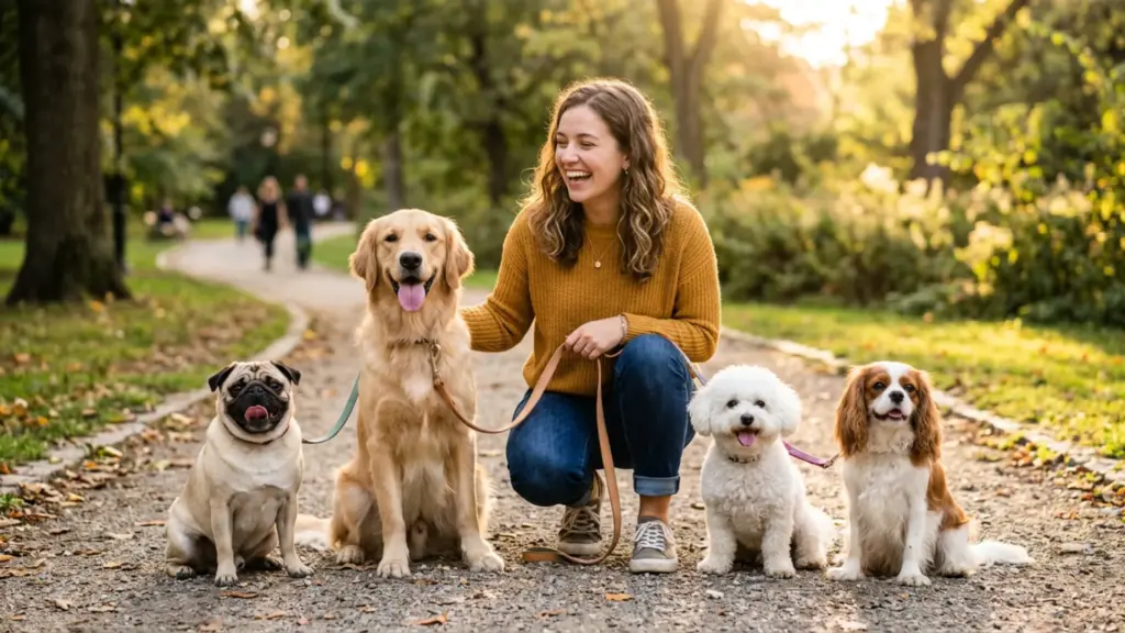 First time dog owner with multiple beginner-friendly dog breeds in a sunny park setting.