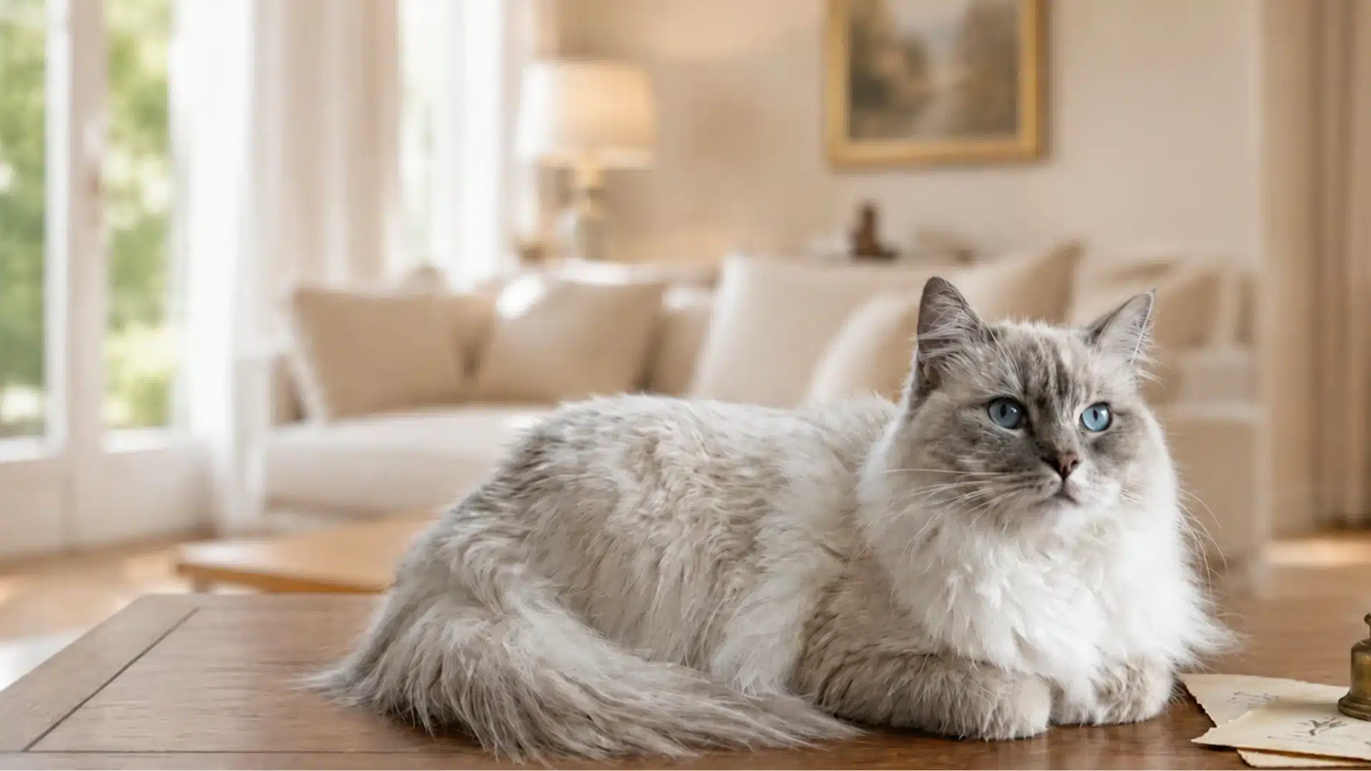 Fluffy blue eyed Ragdoll lying on a wooden table in a cozy sunlit living room.