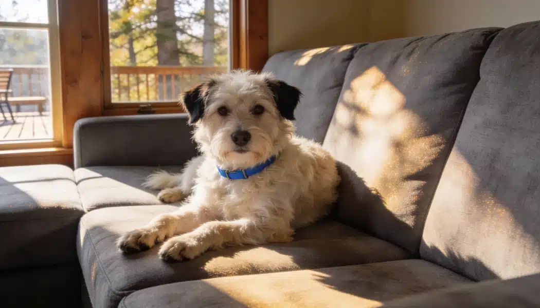 Fluffy light colored dog with black ears resting on a gray couch in a sunlit living room