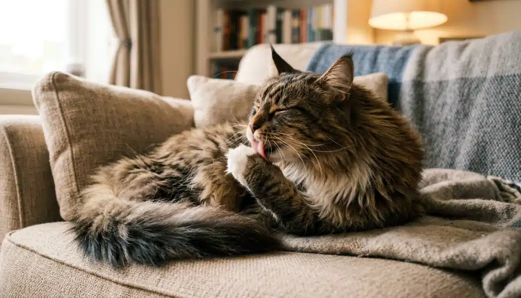 Fluffy Maine Coon cat grooming its paw while resting on a living room couch