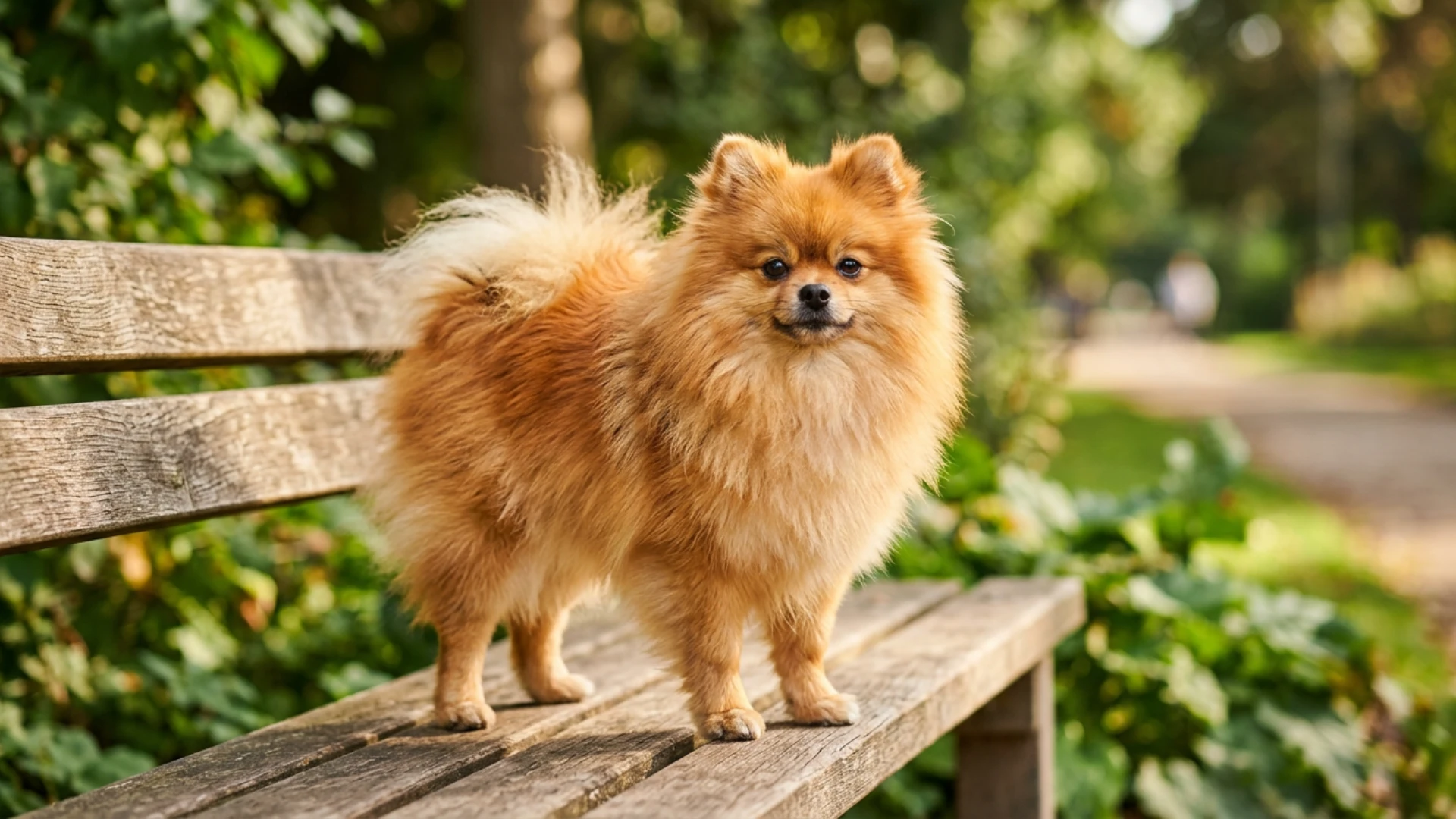 Fluffy orange Pomeranian standing alert on a park bench