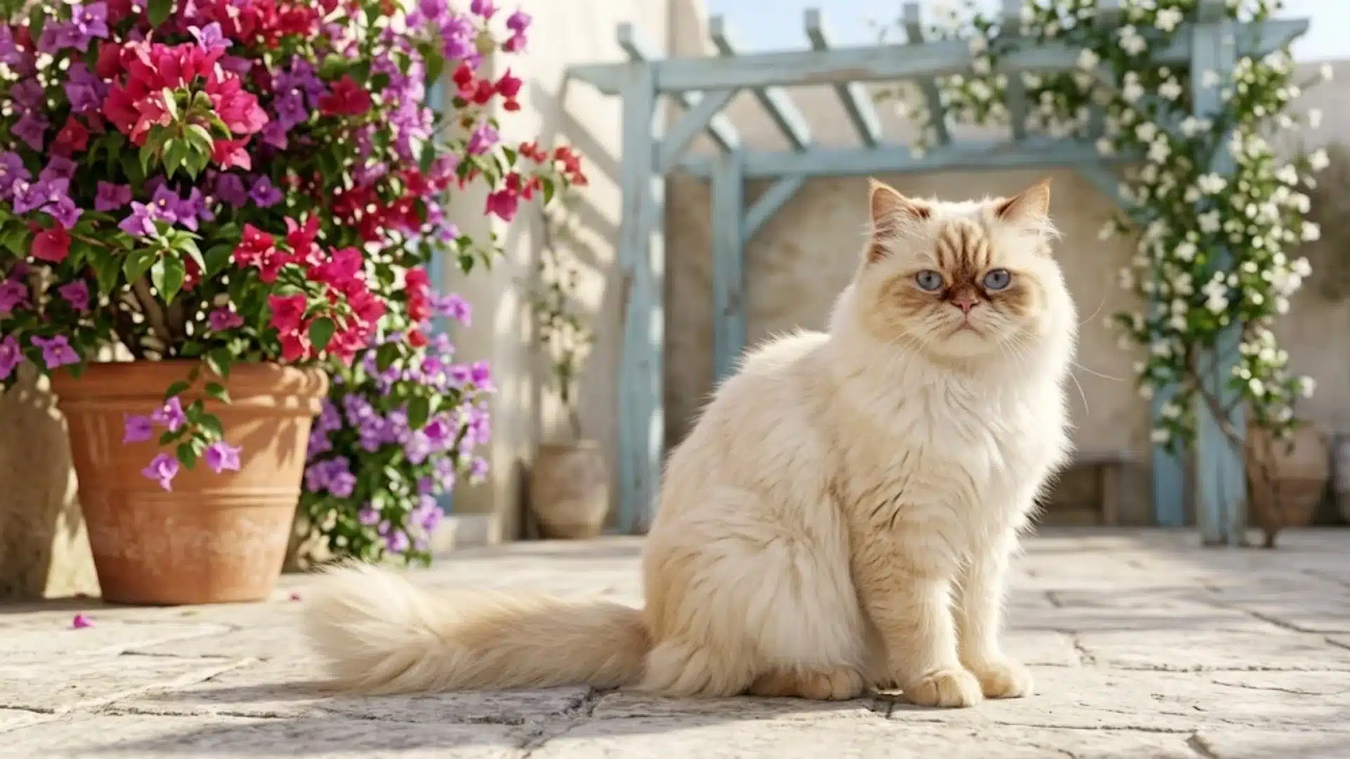 Fluffy Persian cat sitting in a sunny garden beside pink flowers