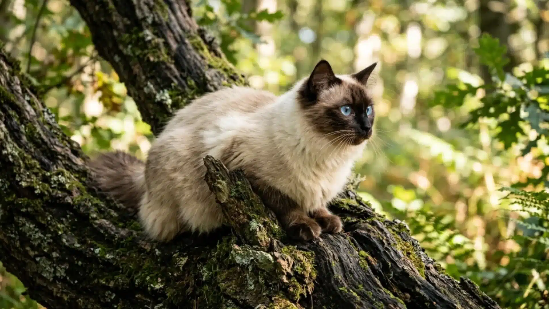 Fluffy Siamese cat resting on a tree branch