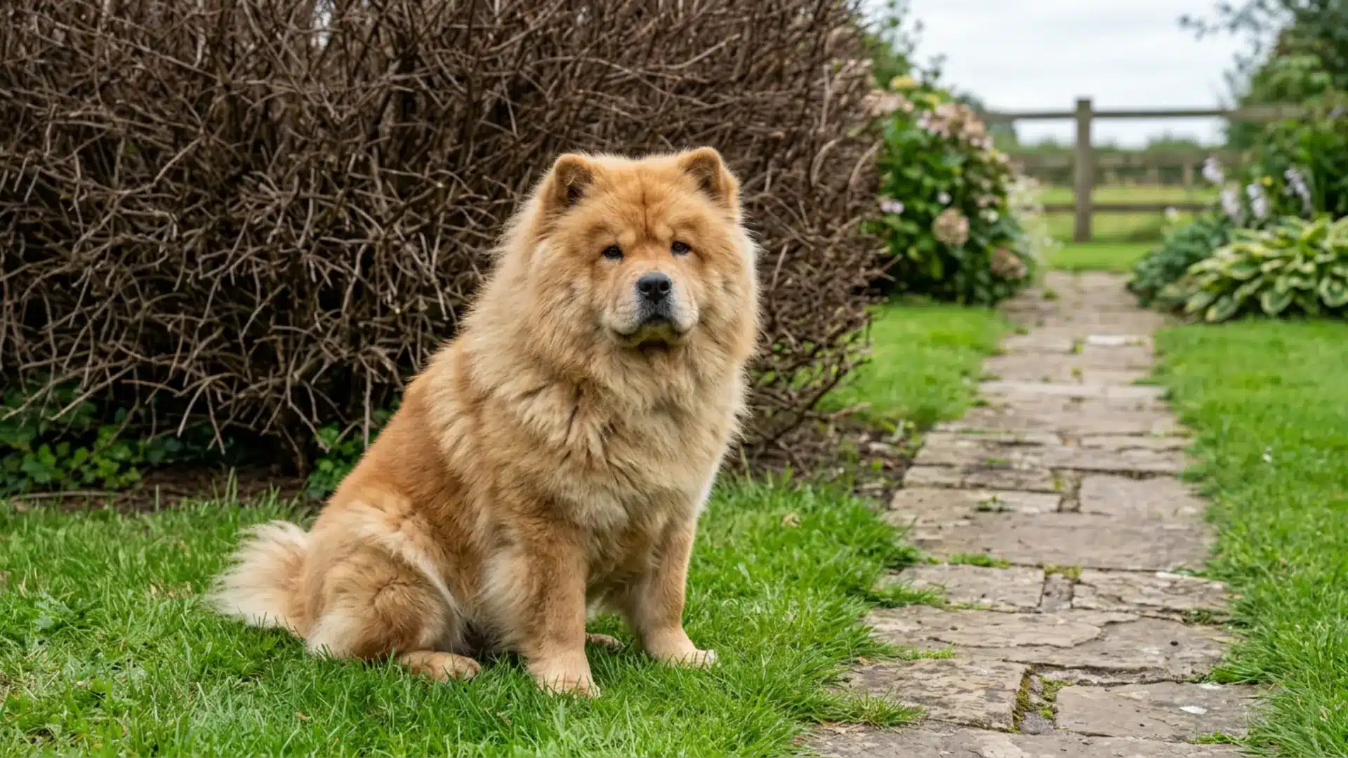 Fluffy tan Chow Chow sitting beside a stone path in a green garden.