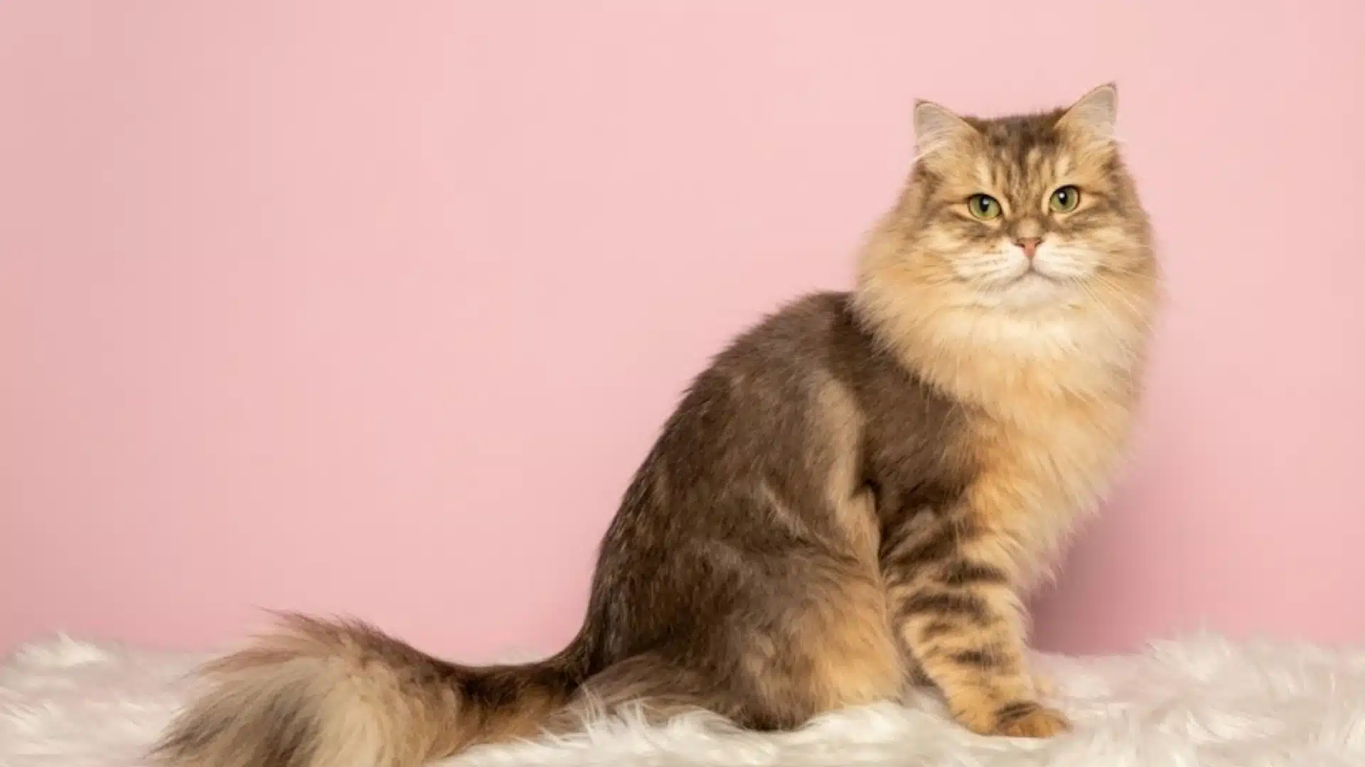 Fluffy long-haired cat sits on white faux fur against a solid pink background in