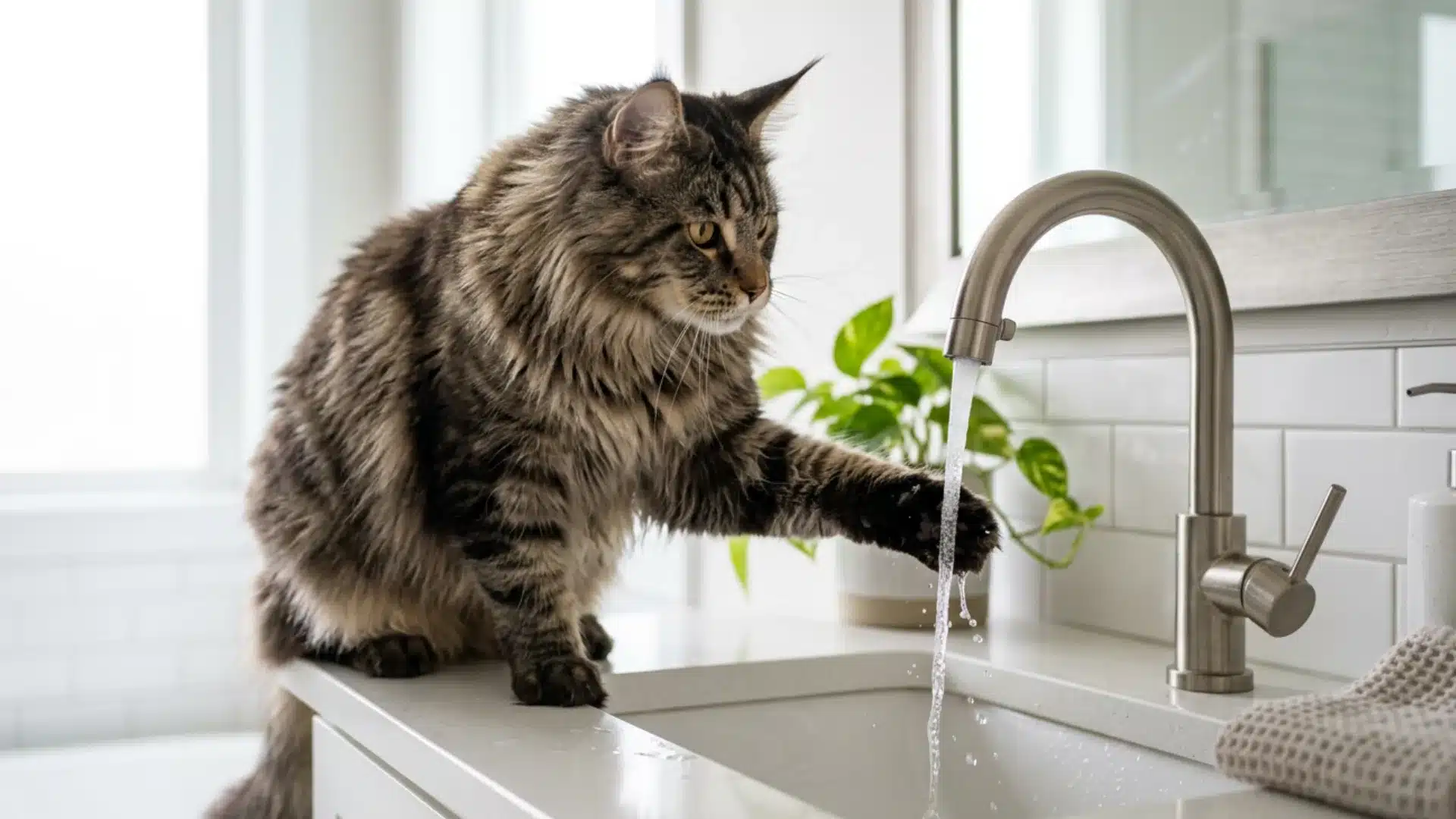 Fluffy Maine Coon cat sits on a white bathroom counter and reaches its paw toward running water from a faucet
