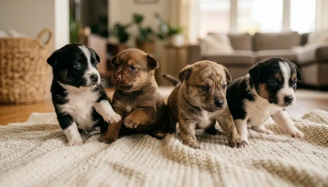 Four mixed-breed puppies around 3-4 weeks old with eyes open, learning to walk on a soft blanket