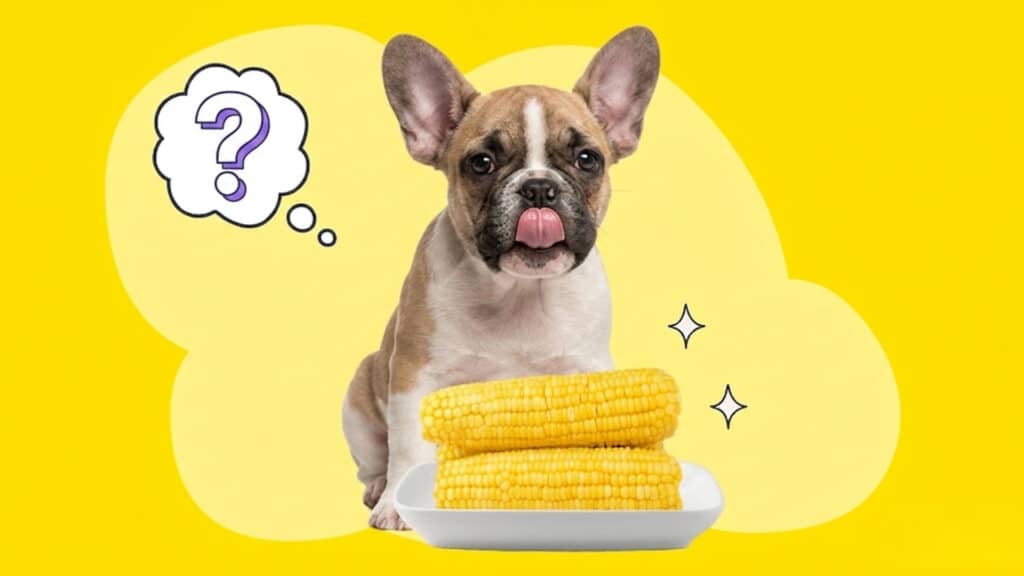 French bulldog puppy licking its nose next to two ears of corn with a question mark thought bubble