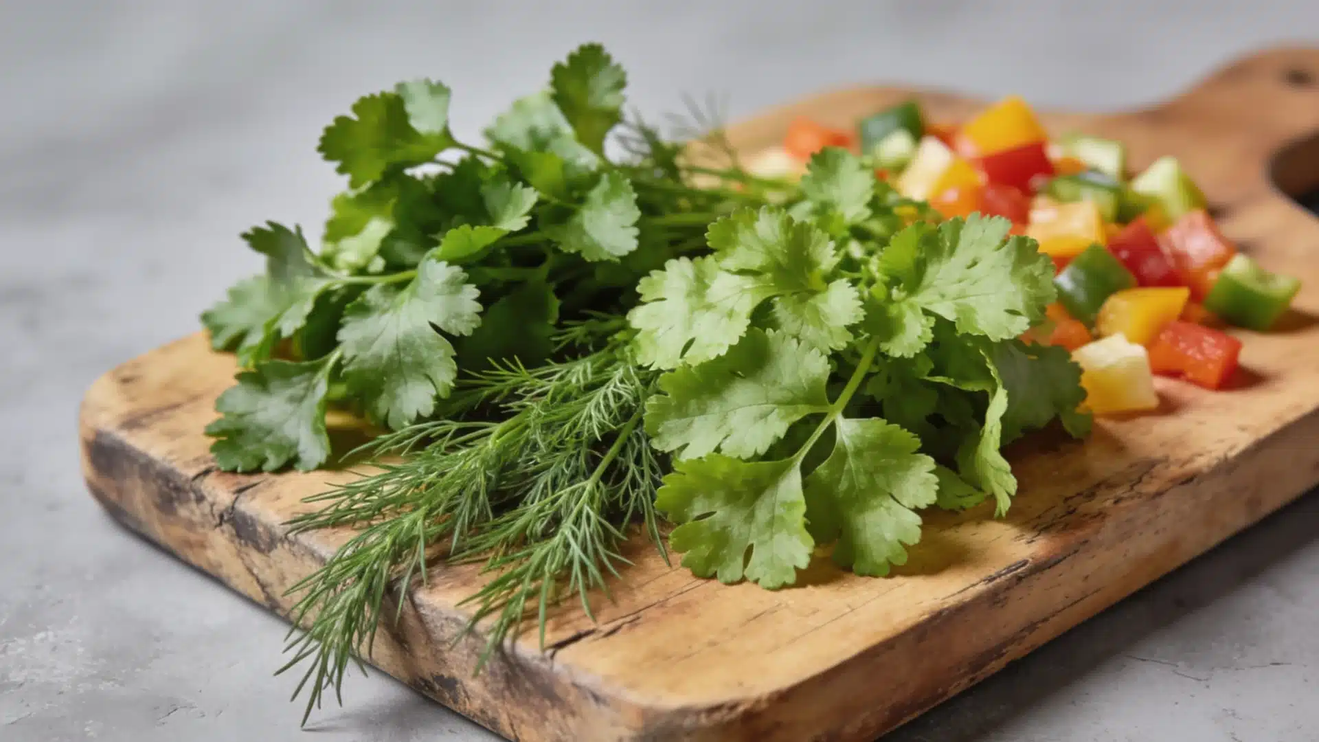 Fresh herbs and chopped peppers on a wooden board