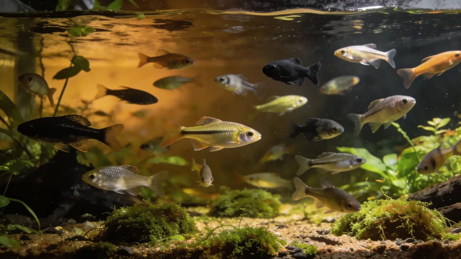 Freshwater blackwater aquarium with driftwood and catappa leaves maintaining low pH for tetras