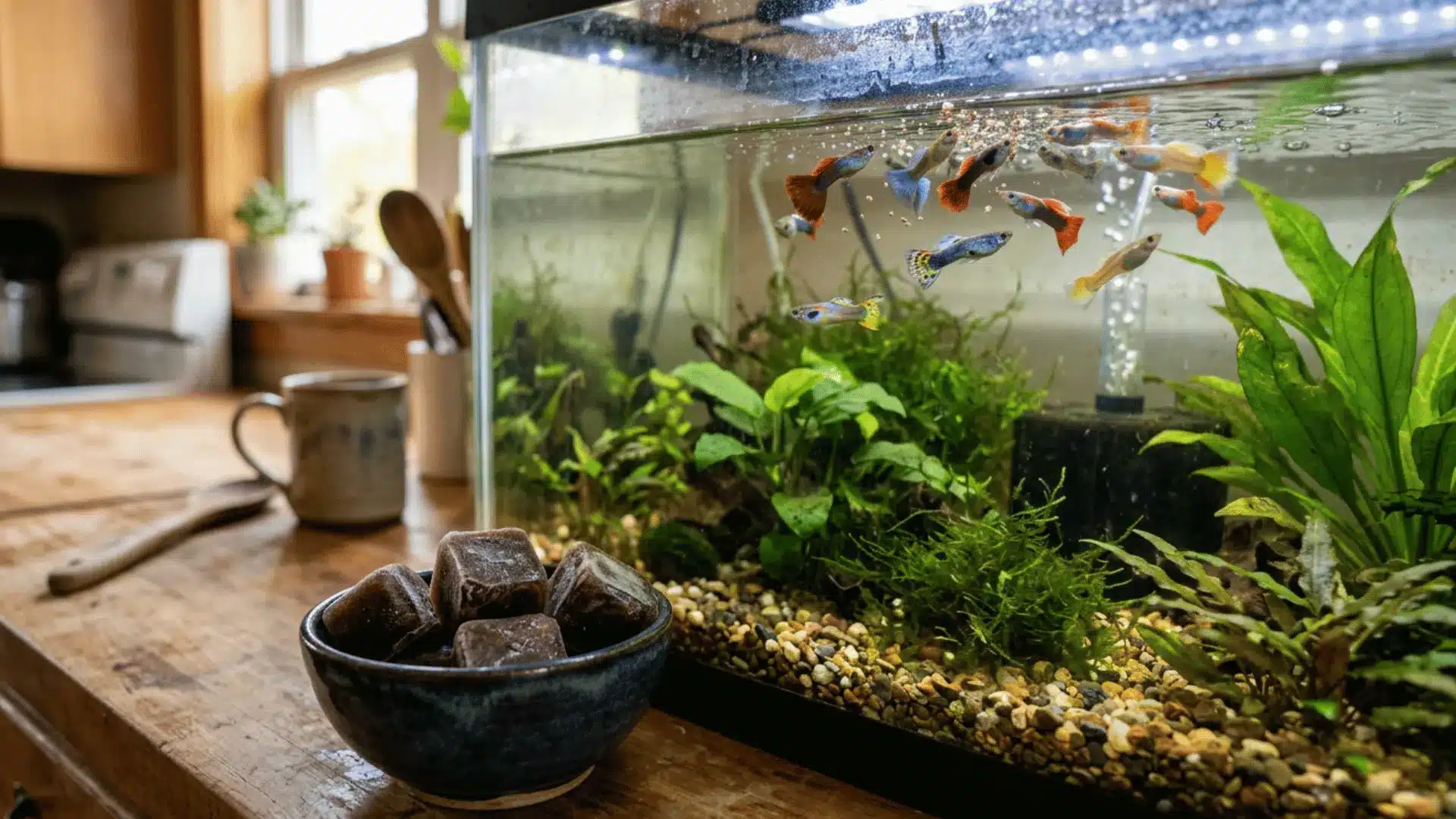 Frozen brine shrimp next to a guppy tank, showing what guppies eat as a food supplement